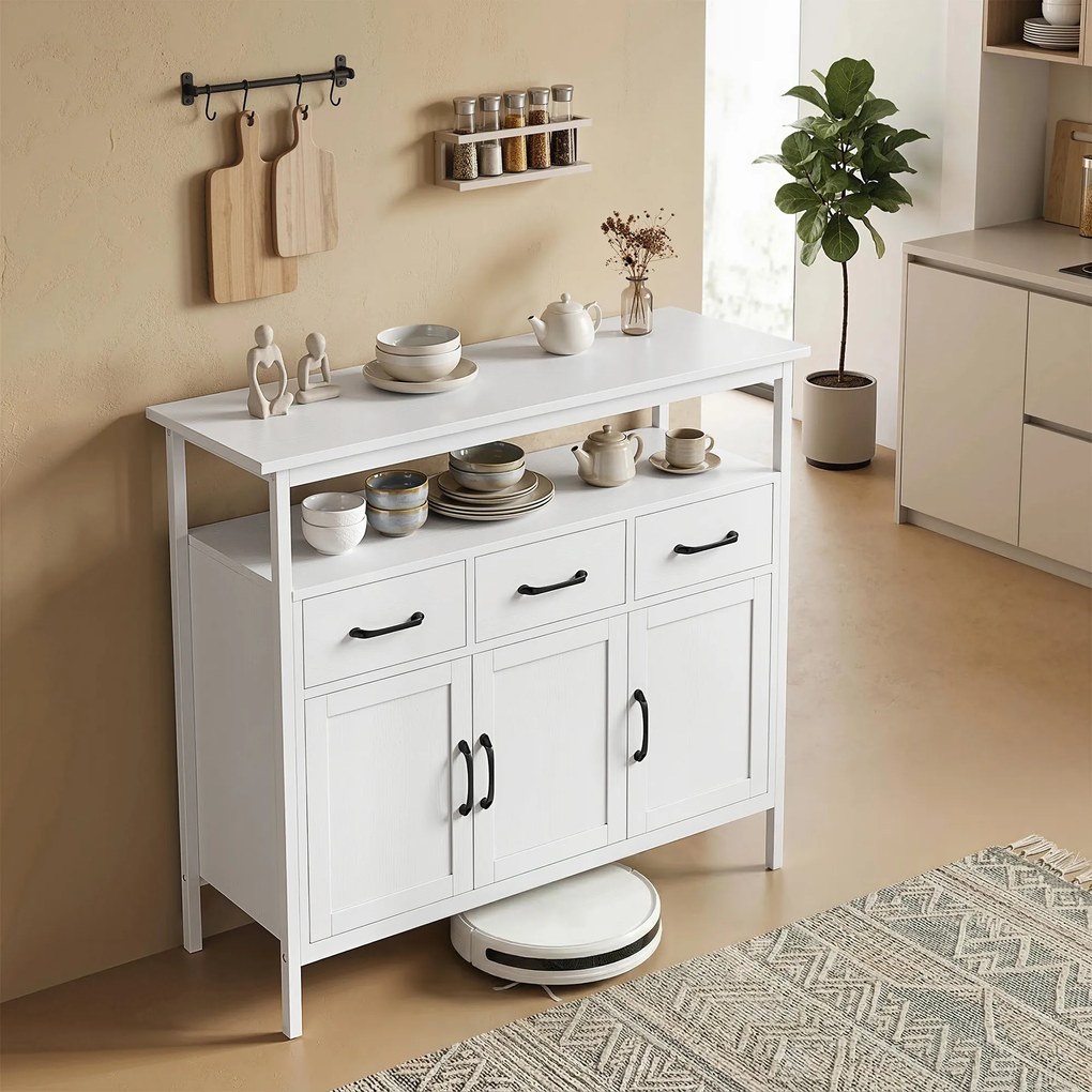 HOMCOM Bufet bucătărie, mobilier de depozitare, 3 uși, 3 sertare, compartiment deschis și rafturi reglabile, 95x35x88cm, alb | Aosom Romania