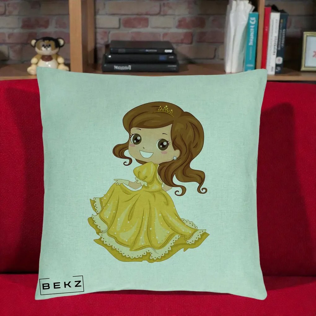 Perna Decorativa Printesa Bella Rochie Aurie, 40x40 cm, Verde Menta, Husa Detasabila, Perna Inclusa, BEKZ®