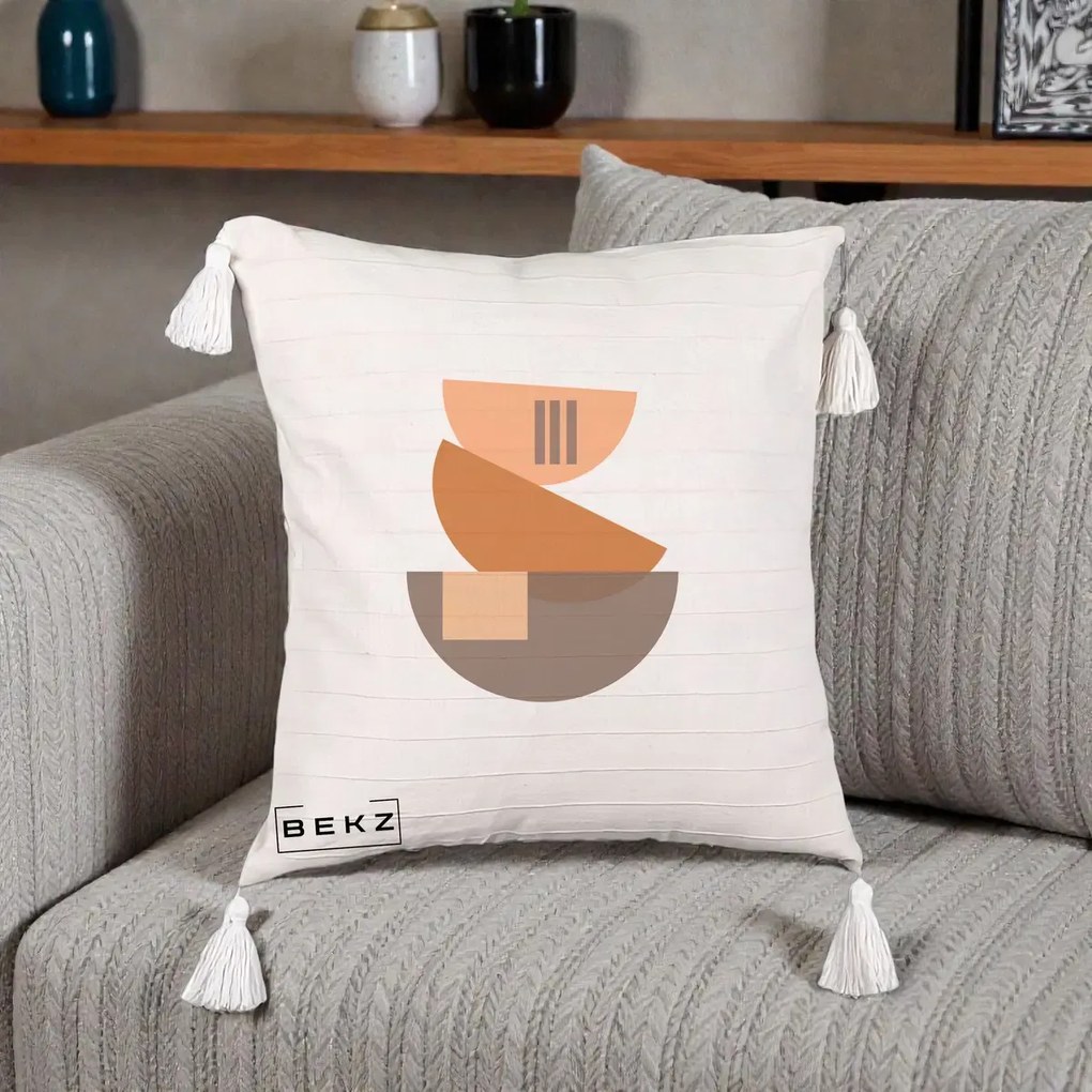 Perna Decorativa Geometric Bauhaus Boluri Portocaliu, 40x40 cm, Bej cu Franjuri, Husa Detasabila, Perna Inclusa, BEKZ®