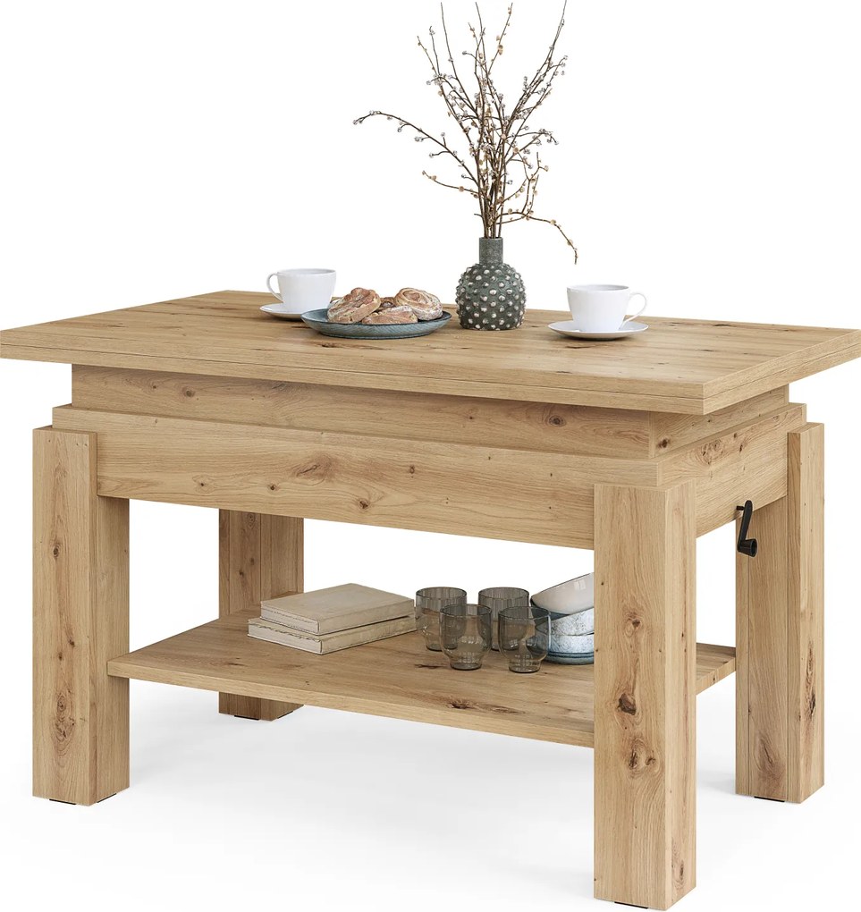 Mazzoni BRAWO Stejar Artisan - MĂSUȚĂ DE CAFEA CU BLAT EXTENSIBIL ȘI RIDICABIL MASĂ CU RAFT