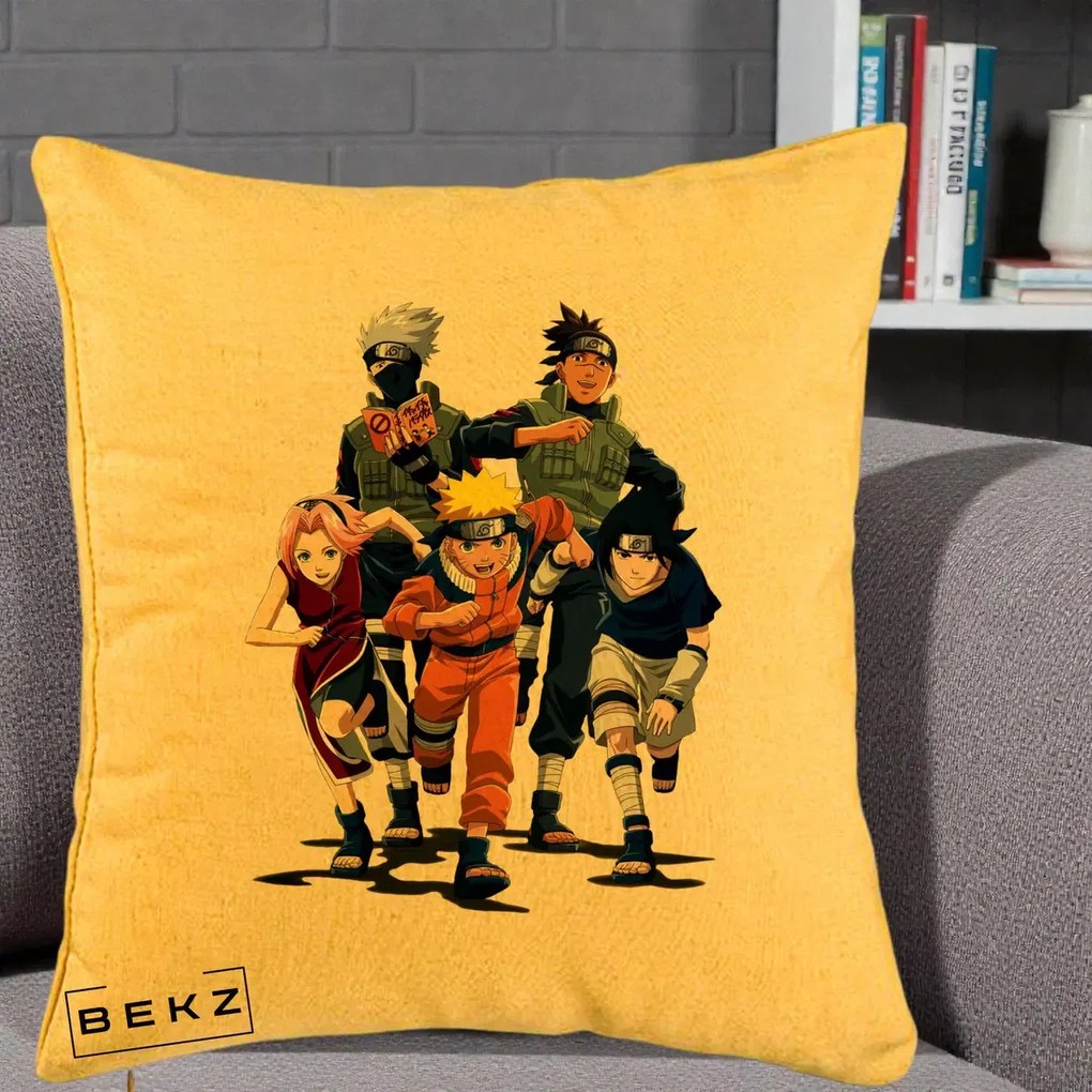 Perna Personalizata Naruto Echipa 7 Kakashi Sensei, 40x40 cm, Galben, Husa Detasabila, Perna Inclusa, BEKZ®