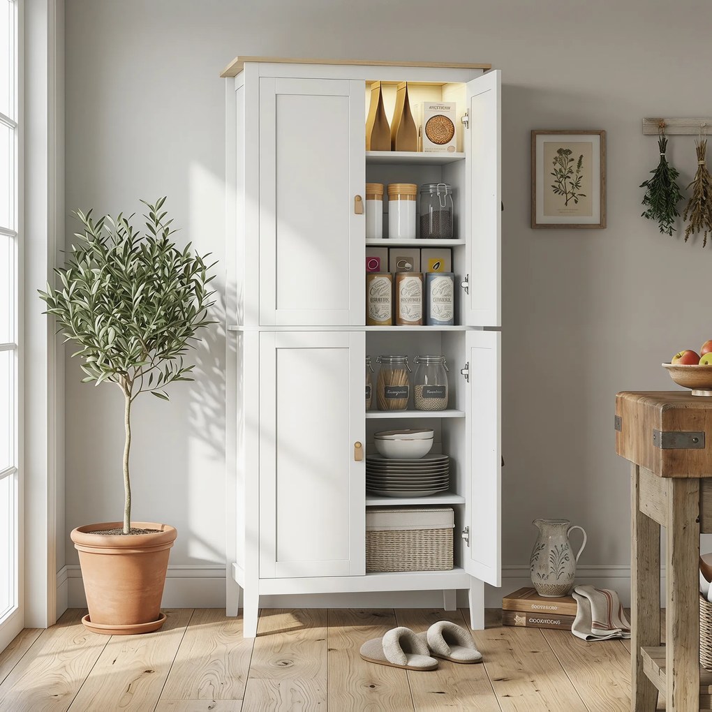 HOMCOM Bufet Înalt de Bucătărie 177 cm, Dulap cu Lumină LED, Reglabil în 3 Culori, Rafturi Ajustabile, Alb | Aosom Romania