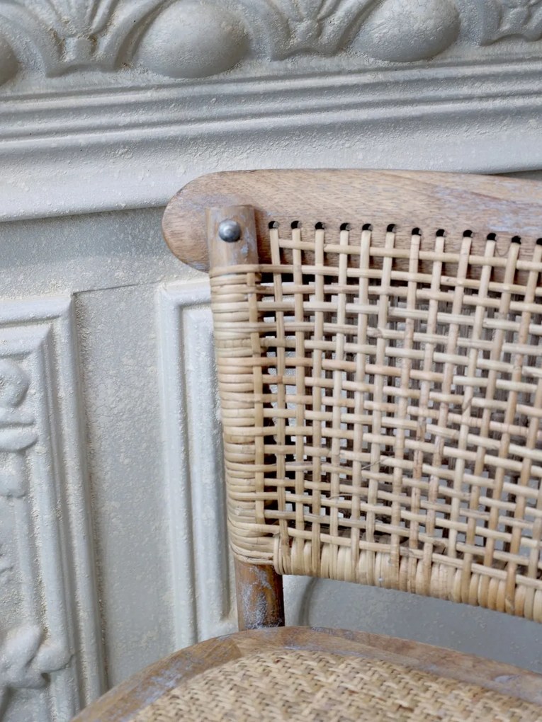 Scaun de bar cu spătar cannage din lemn de hevea și ratan, natur, cu arcuri și suport inelar pentru picioare, 103 x 51,5 x 43,5 cm, „Old French”