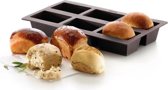 Tava pentru copt chifle Lekue 1009080, 30x17,5x4,2 cm, 960 ml, 6 compartimente, Silicon platinat, -60 / +220 °C, Maro