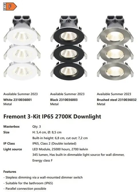Set de 3 spoturi incastrabile baie LED dimabil Fremont 3-Kit IP65 2700K argintiu