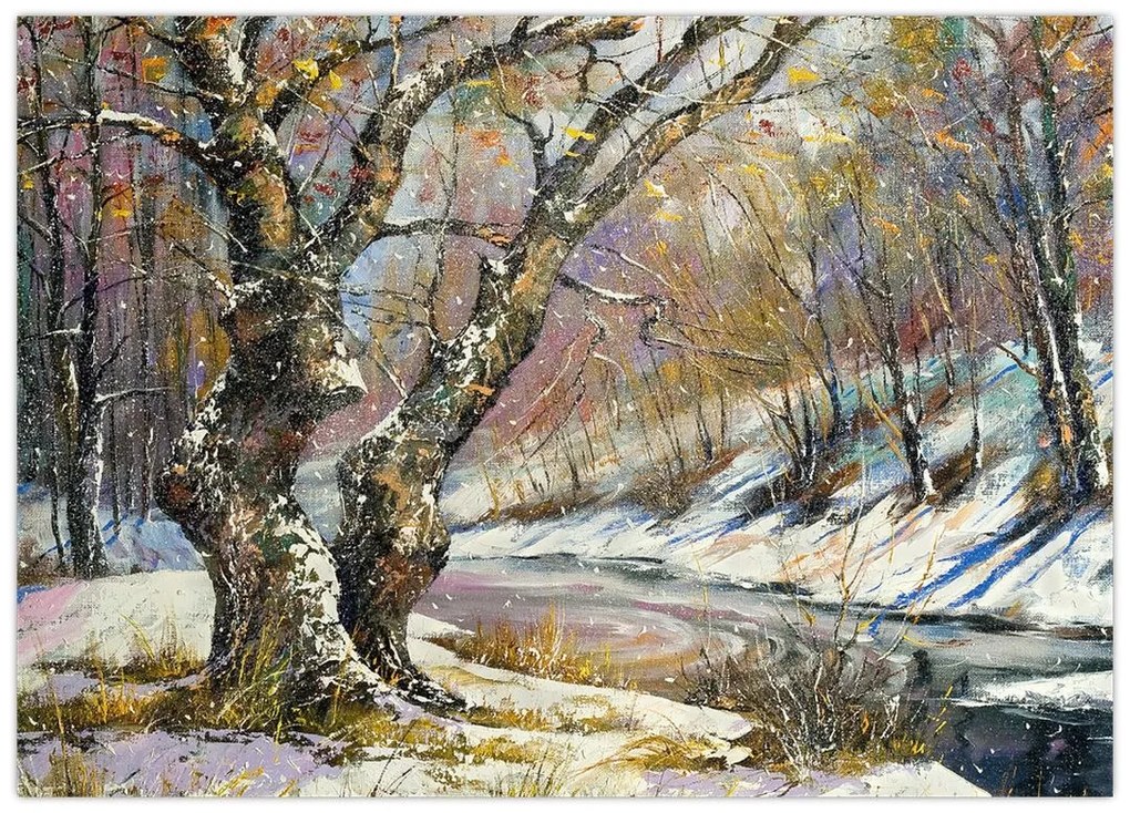 Tablou pe sticlă cu peisaj de iarnă pictat (70x50 cm)