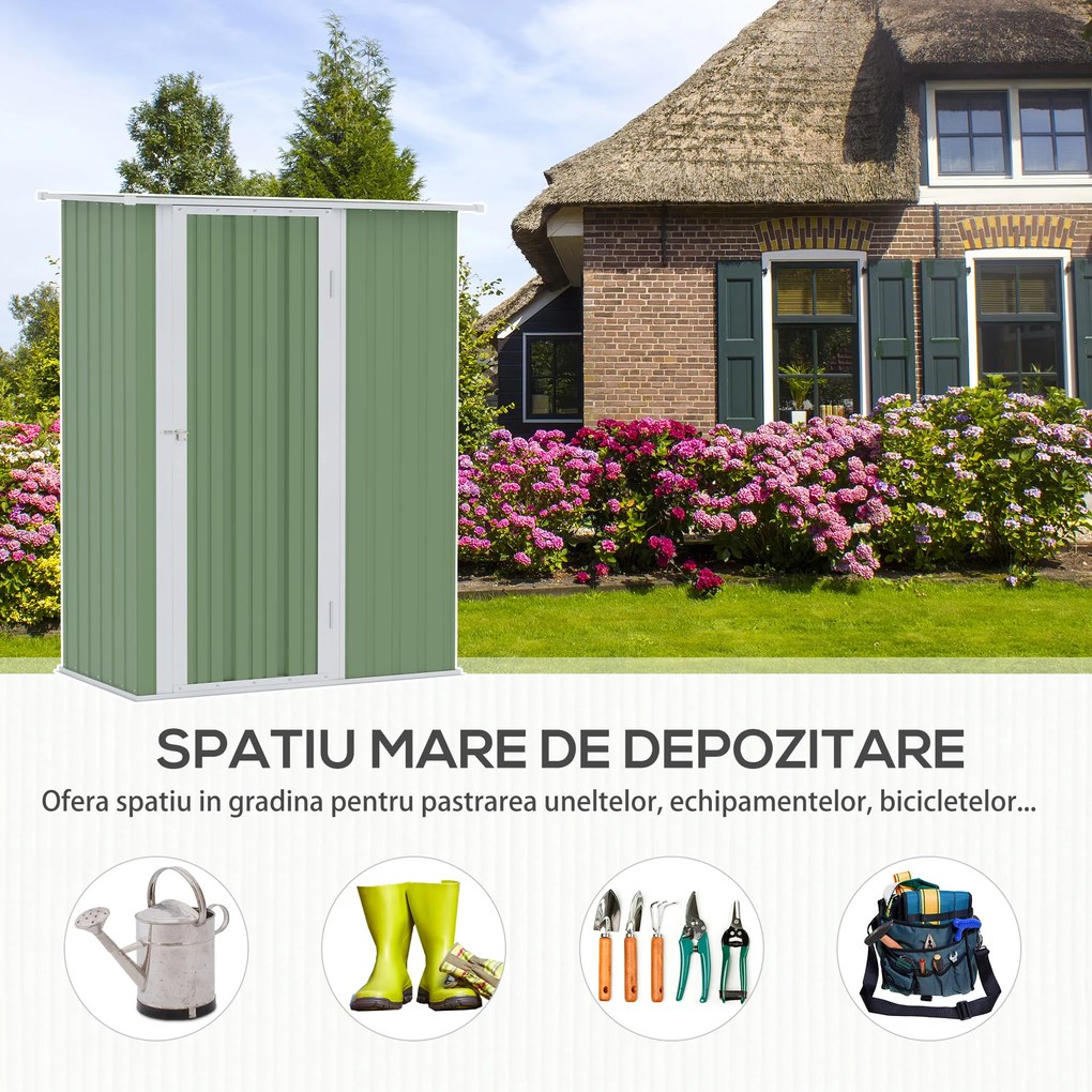 Outsunny Magazie de Gradina sopron Pentru Unelte din Otel, casuta de Gradina Usi Glisante, 142x84x189cm, Verde | AOSOM RO