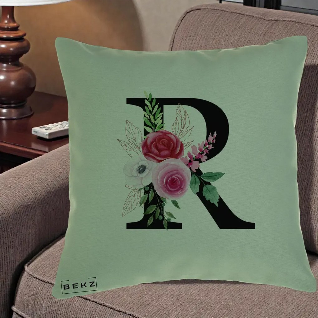 Cadou Personalizat - Perna Personalizata Monograma Florala Litera R, 40x40 cm, Verde, Husa Detasabila, Perna Inclusa, BEKZ®