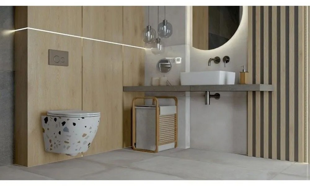 Set vas WC suspendat Rune Geri Slim St Rimless alb terazzo si capac slim softclose