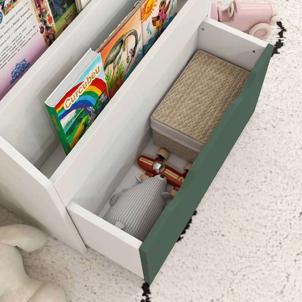 AIYAPLAY Bibliotecă pentru Copii cu Rafturi, Sertar, pentru Dormitor, Cameră de Joacă, Alb și Verde | Aosom Romania
