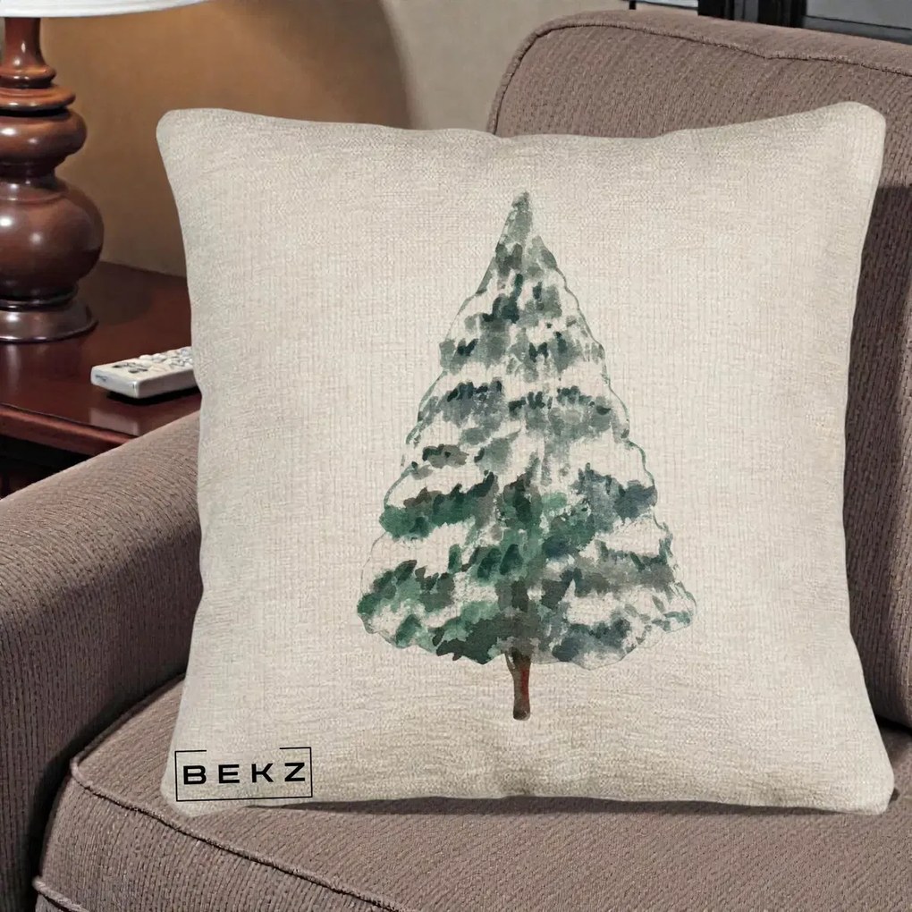 Perna Decorativa Canapea cu tematica de Craciun, Brad 2, 40x40 cm, Bej Canapea, Husa Detasabila, Perna Inclusa, BEKZ®