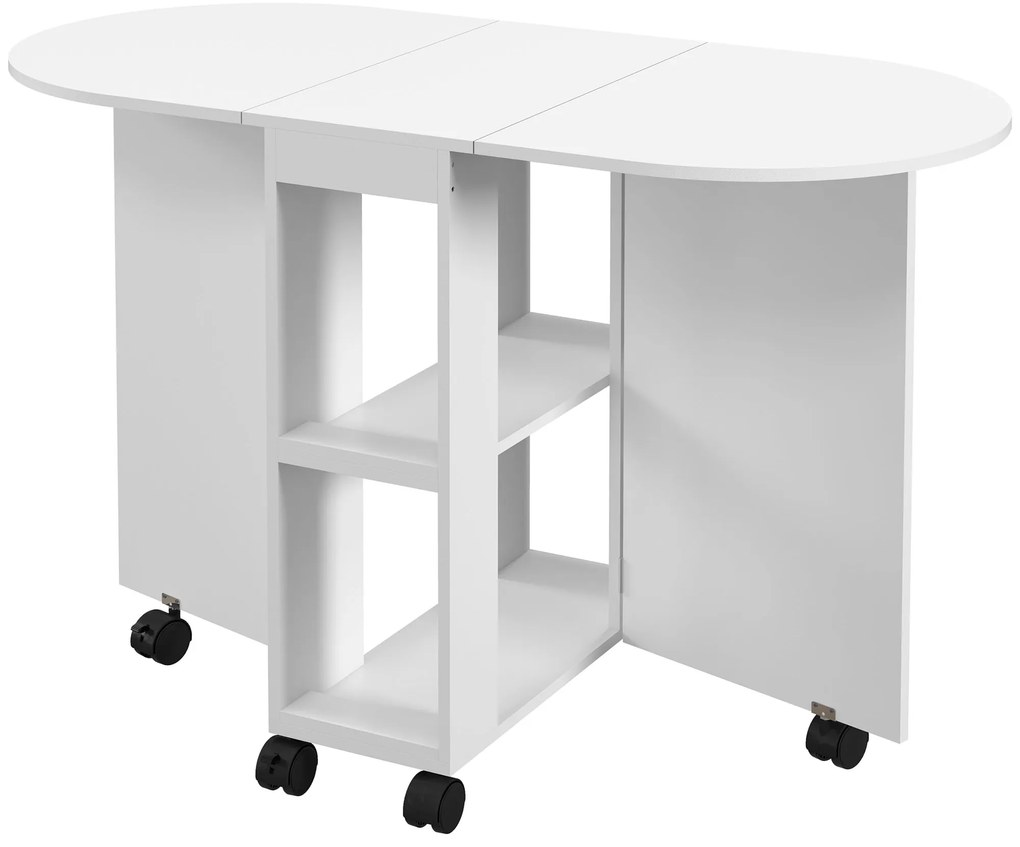HOMCOM Masă de Comedor Plegable cu Ruedas Masă de Cocina cu Alas Abatibles și 2 Rafturi Deschise 120x60x77 cm Alb | Aosom Romania