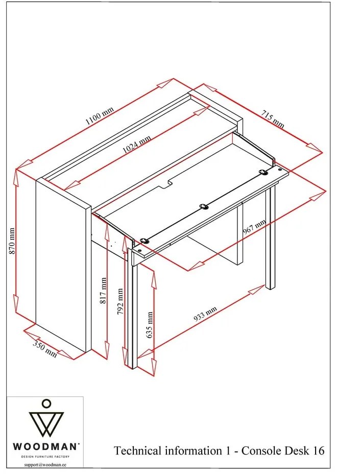 Birou cu blat alb 36x110 cm Mel - Woodman