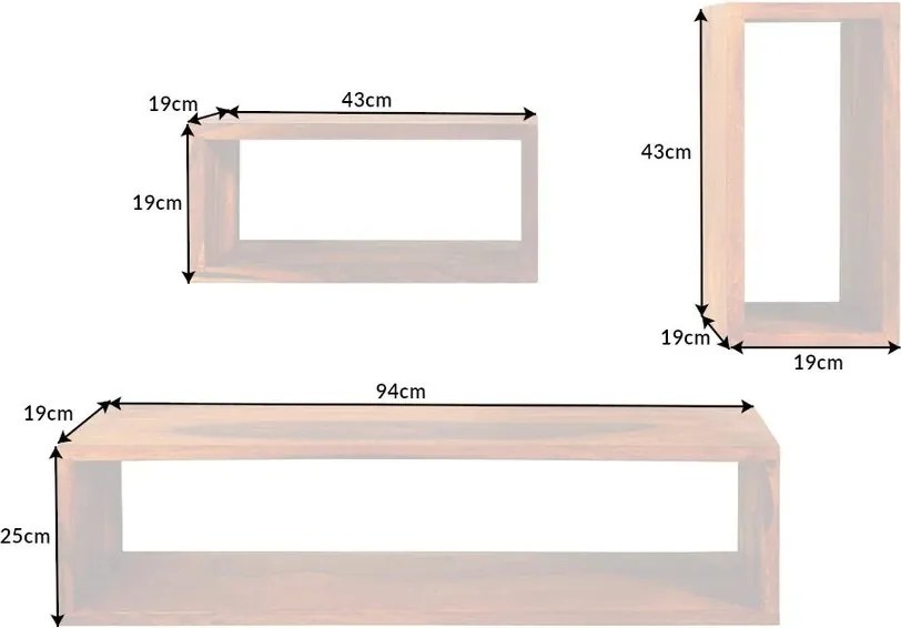 Set 3 rafturi de perete din lemn masiv Sheesham, HEMINGWAY