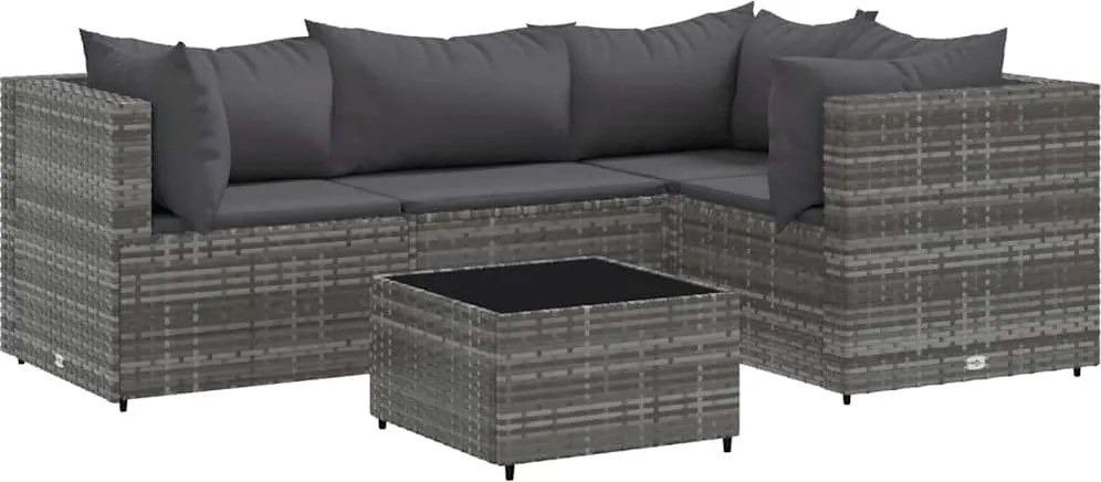 vidaXL Set mobilier de grădină cu perne, 5 piese, gri, poliratan