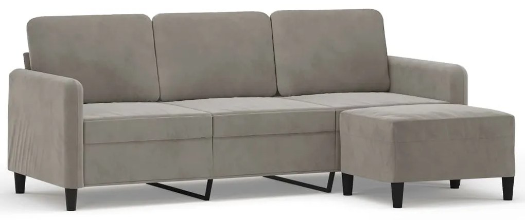 3153567 vidaXL Canapea cu 3 locuri și taburet, gri deschis, 180 cm, catifea