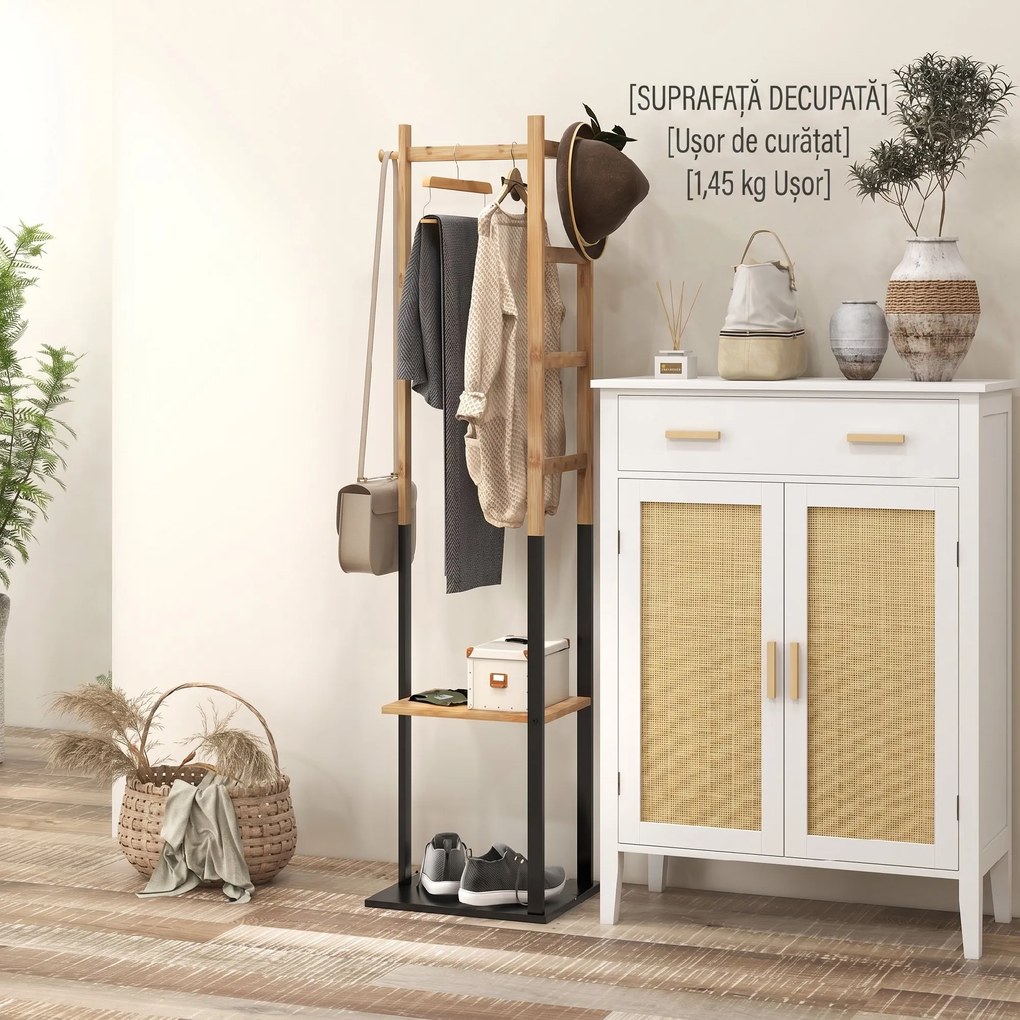 HOMCOM Cuier de Podea Autoportant cu Bară Centrală, 4 Bare Laterale, 2 Cârlige și 2 Rafturi, 46x28,5x153,5 cm, Negru | Aosom Romania