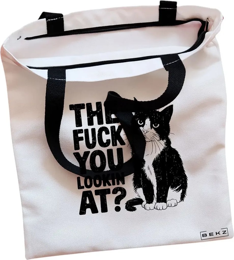 Sacosa de Panza pentru Cumparaturi, Geanta Tote, model What are you looking at?, Cu fermoar, 38x34.5 cm, Alba, BEKZ®