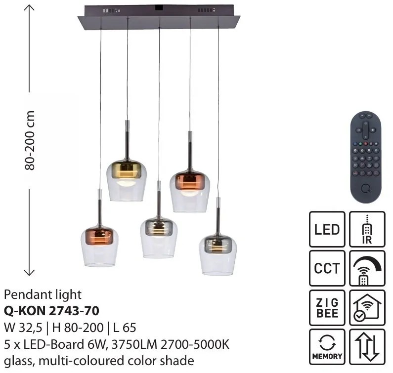 Lustra LED Smart cu Telecomanda, CCT, 5 pendule, Sticla, Multicolor, Q-KON