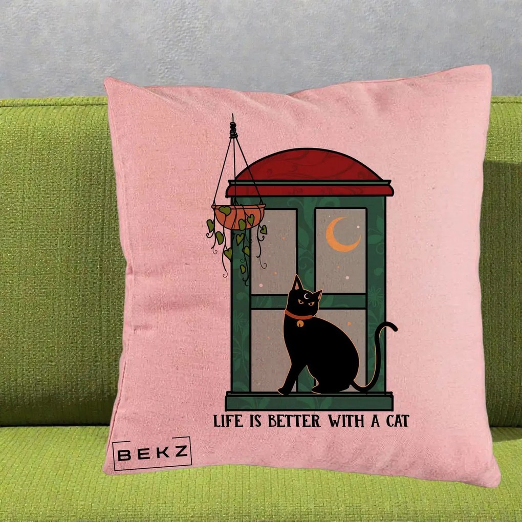 Perna Personalizata Life is Better with a Cat Geam, 40x40 cm, Roz, Husa Detasabila, Perna Inclusa, BEKZ®