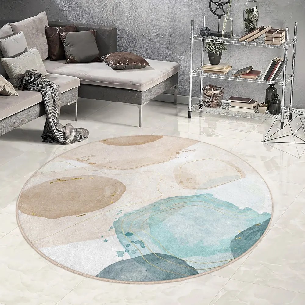 Covor albastru/bej lavabil rotund ø 150 cm Puddle – Mila Home