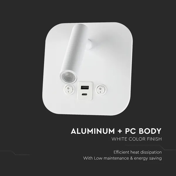 Aplică LED de perete cu port USB, 8W, 230V, 3000K, alb