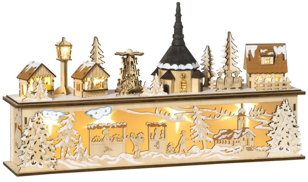 HOMCOM Decorațiune de Crăciun, sat de Crăciun, 10 LED-uri, lumină alb-cald, 45 x 10 x 25 cm, decor din lemn | Aosom Romania