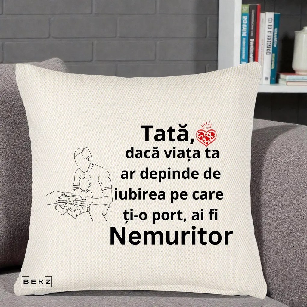 Cadou pentru Tata - Perna Personalizata Tata Nemuritor Lectura, 40x40 cm, Crem Reliefat, Husa Detasabila, Perna Inclusa, BEKZ®