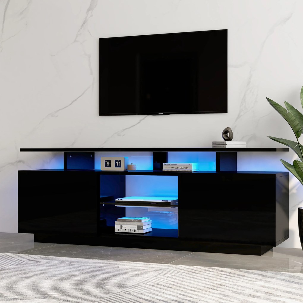 Mobilier TV modern cu iluminare LED în 16 culori, panou frontal lucios, raft din sticlă, 140×35×55 cm, Negru