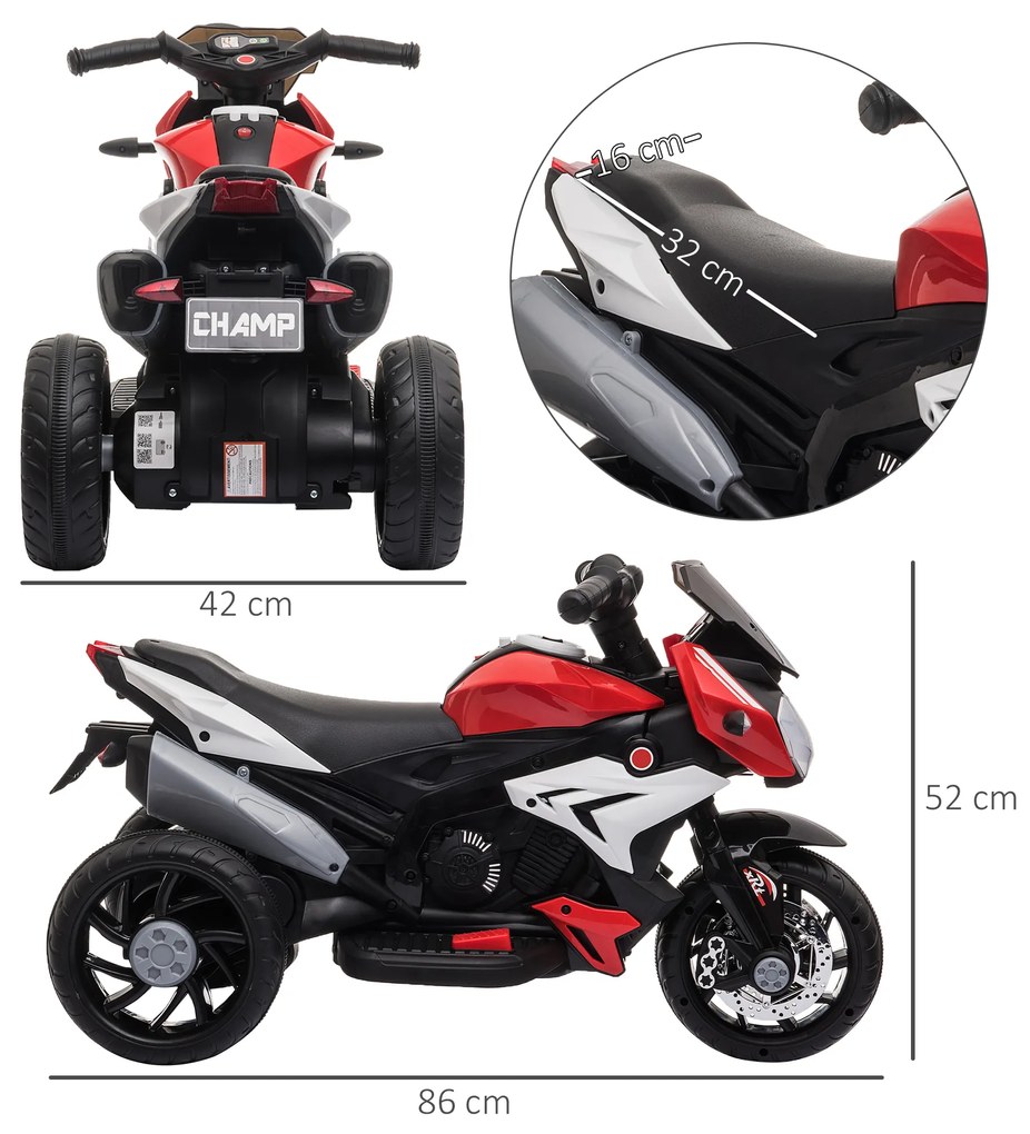 Motocicleta Electrica HOMCOM Copii 3-5 Ani cu Lumini Muzica Baterie 6V Negru Rosu | Aosom Romania