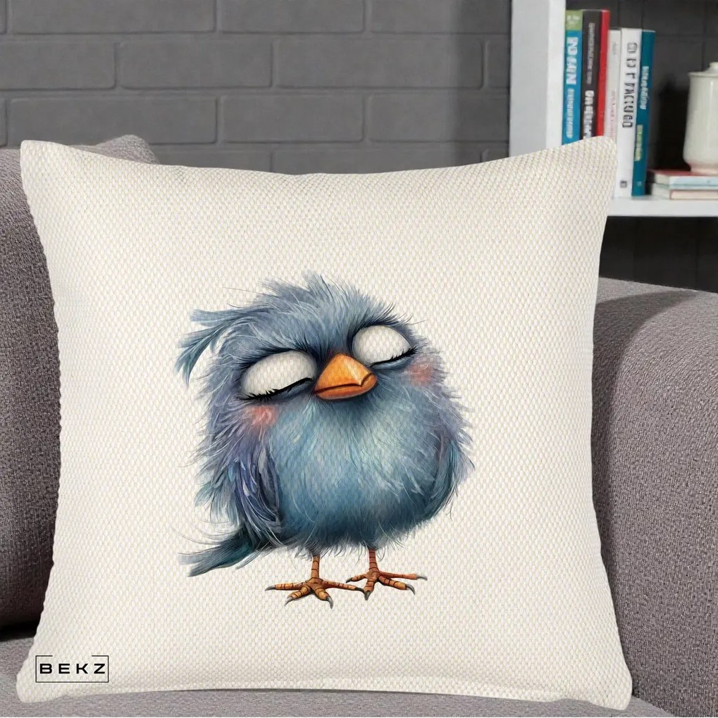 Perna Decorativa Pui Pufos Albastru Adormit, 40x40 cm, Crem Reliefat, Husa Detasabila, Perna Inclusa, BEKZ®