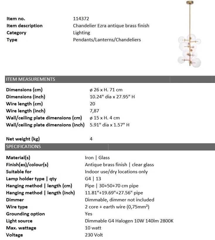 Lustra design LUX cu 13 surse de lumina Ezra alama antic 114372 HZ