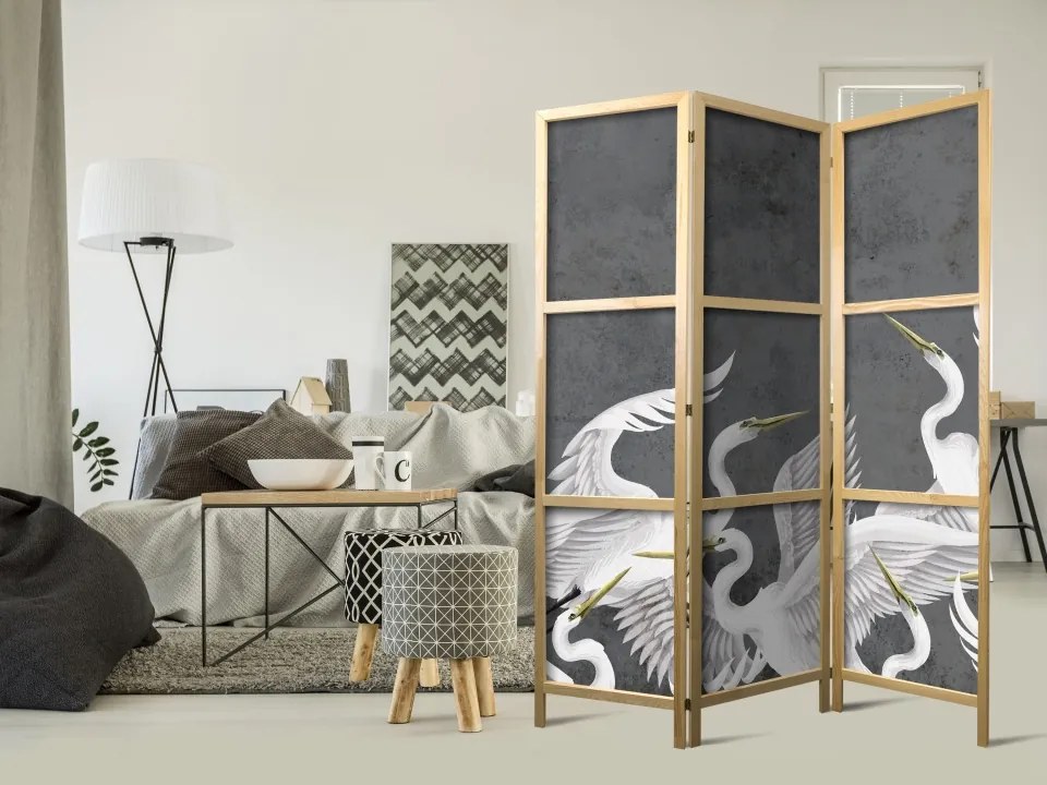 Paravan japonez - Flutter of wings - white herons on dark grey background with texture