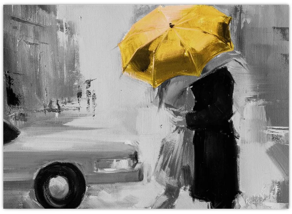 Tablou pe sticlă - Cuplu în dragoste sub o umbrelă, galben (70x50 cm)