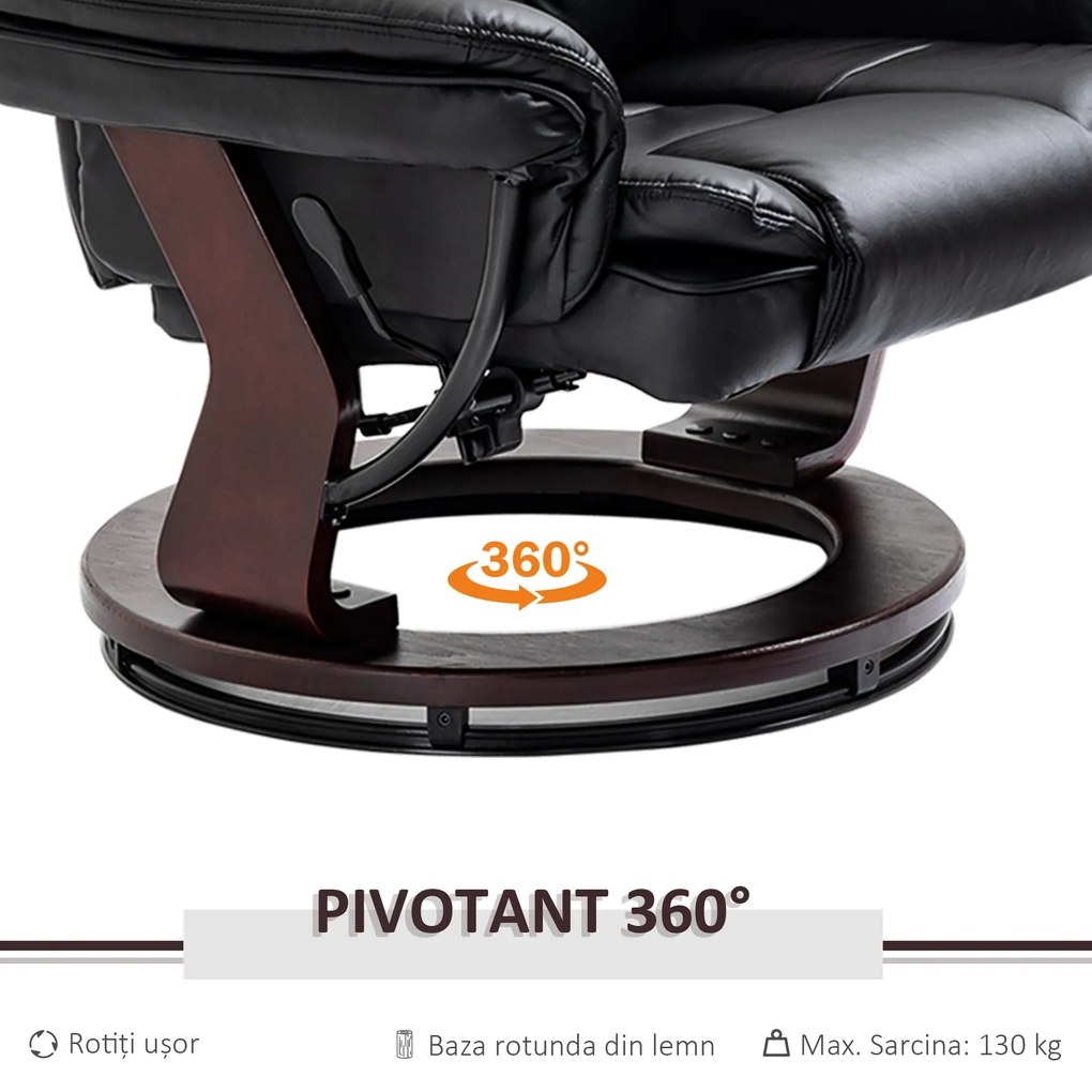 HOMCOM Set Fotoliu Relax si Pouf Suport pentru Picioare, Pivotant la 360° cu Tetiera si Cotiere, Negru | Aosom Romania