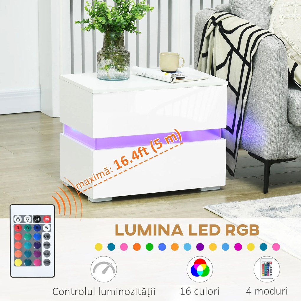 Noptieră cu LED HOMCOM | 2 Sertare cu Luciu | LED-uri RGB cu 16 Culori și 4 Moduri | Telecomandă | Alb | Aosom Romania