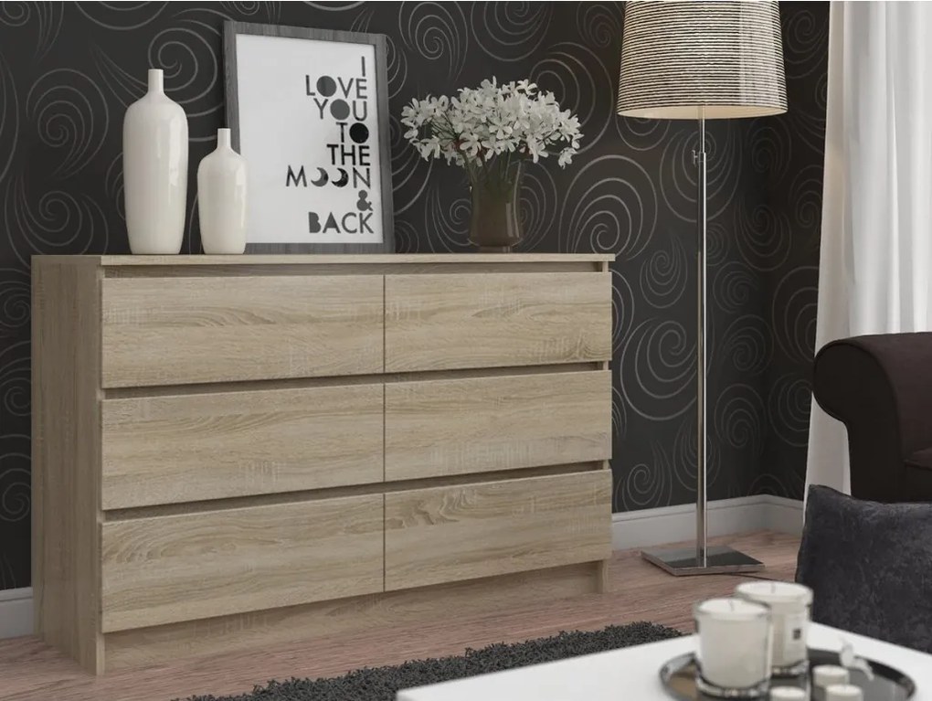 Comoda cu 6 sertare, PAL laminat, 120x40x77 cm, stejar sonoma