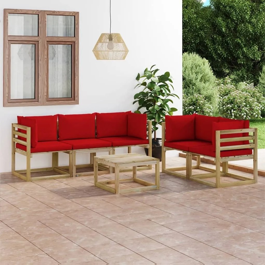 Set mobilier de gradina cu perne rosii, 6 piese