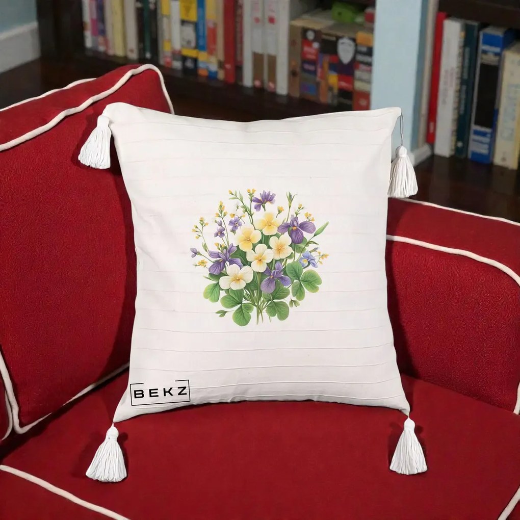 Perna Decorativa Viorele Iris Violet si Trifoi, 40x40 cm, Bej cu Franjuri, Husa Detasabila, Perna Inclusa, BEKZ®