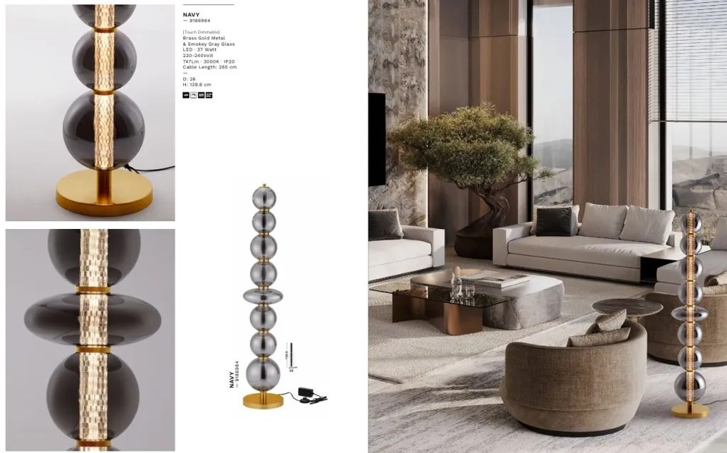 Lampadar LED modern, Metal, Auriu, Sticla, Fumurie, modern NAVI