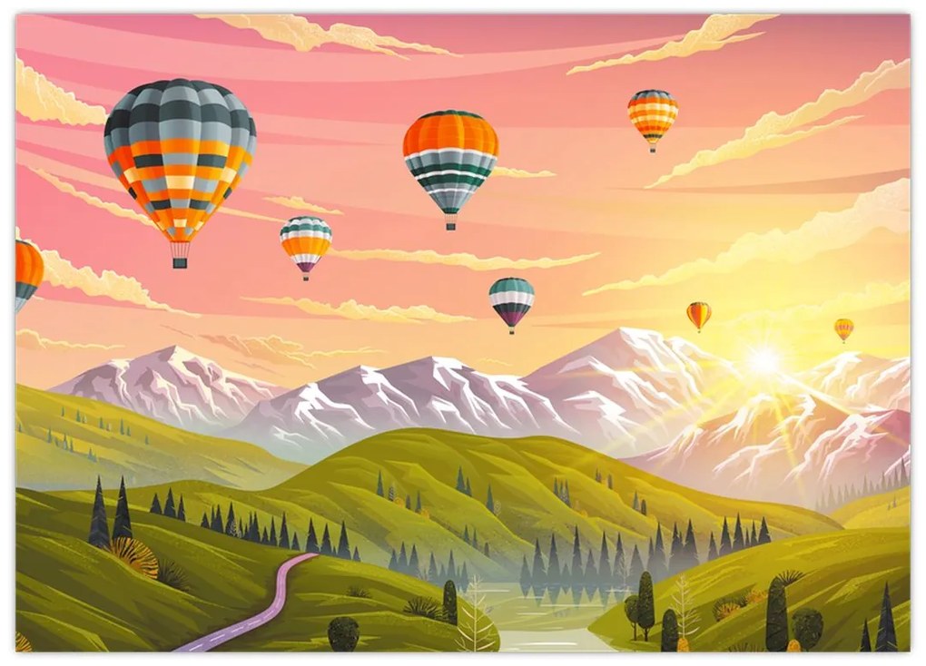 Tablou pe sticlă - Baloane deasupra unui peisaj (70x50 cm)