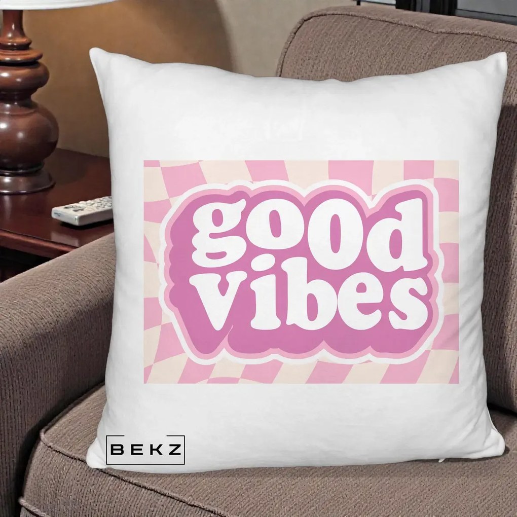 Perna Decorativa Good Vibes Retro Roz, 40x40 cm, Alb Pufos, Husa Detasabila, Perna Inclusa, BEKZ®