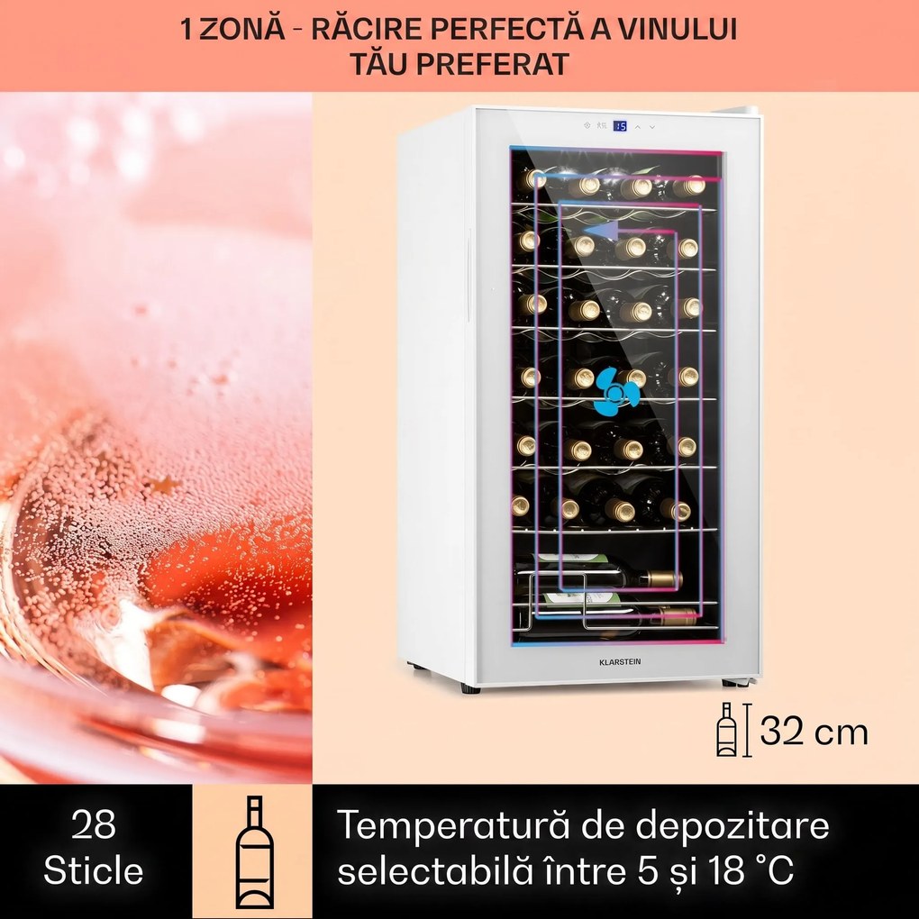 Klarstein Shiraz 28 Uno, frigider pentru vin, 74 litri, 28 sticle, panou de control tactil, 5-18°C