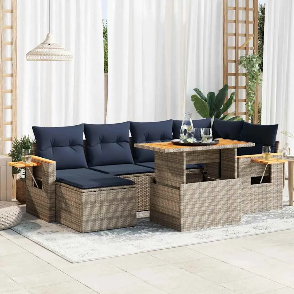 vidaXL Set canapele grădină perne 7 piese negru, poliratan/lemn acacia
