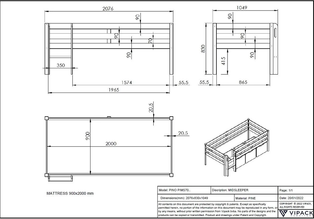 Dormitor Pino ALB 90x200 cm – Liniște și ordine în camera copilului tău | Set cu scară + 3 sertare | Gama PINO