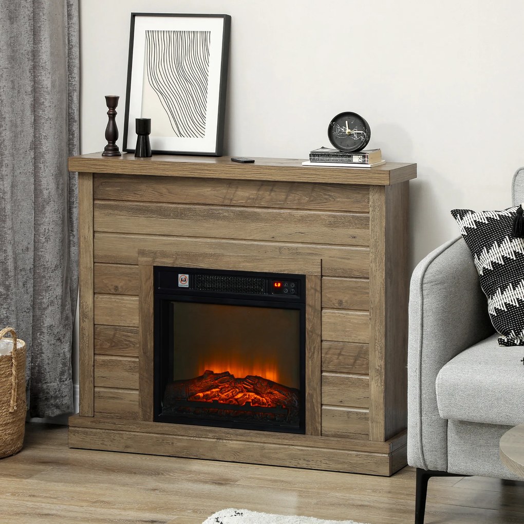 HOMCOM Șemineu Electric cu Flacără 3D, Oprire Automată, Încălzire Reglabilă și Temporizator, 96,5x22x81,7 cm, Lemn Natural | Aosom Romania