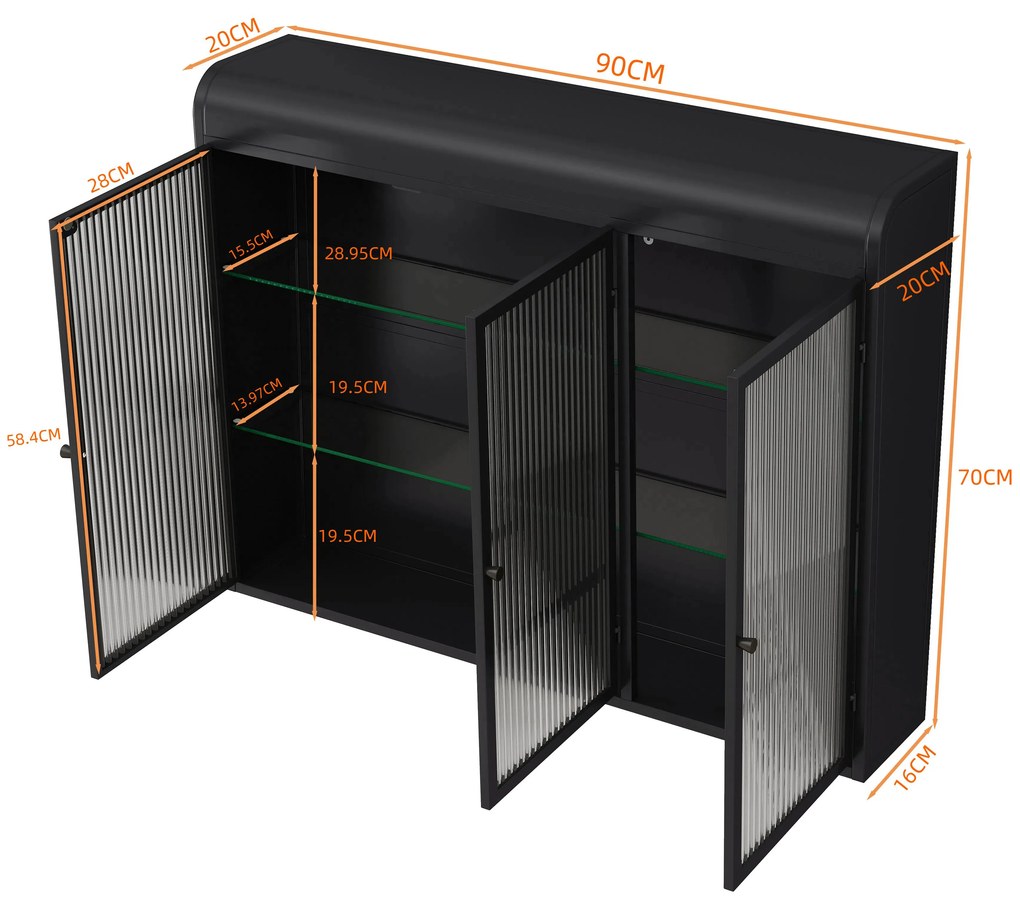 Dulap de Perete cu 3 Uși din Sticlă cu Design Curbat, Negru | Aosom Romania