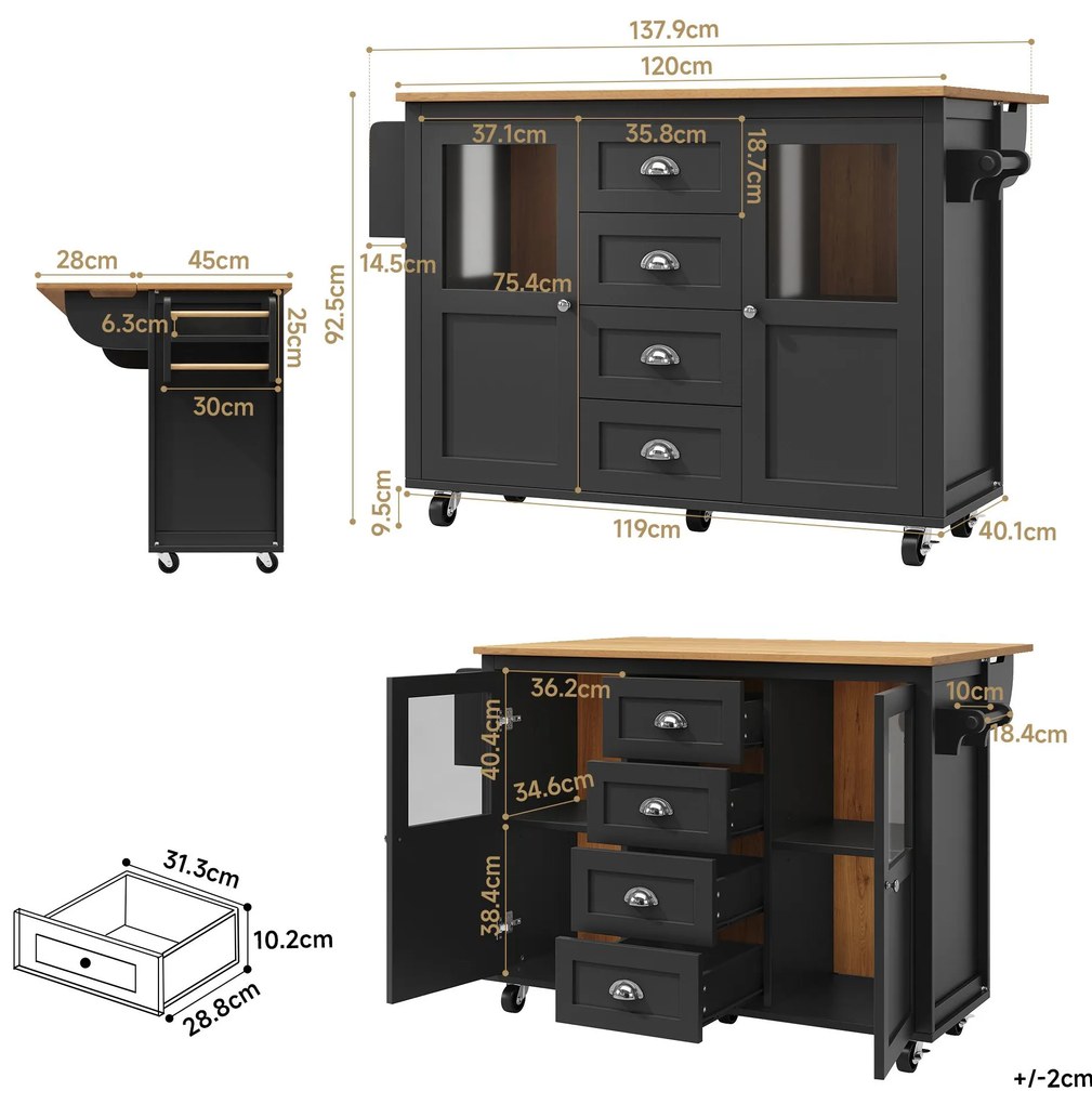 Insulă de bucătărie cu blat reglabil, Negru | Aosom Romania