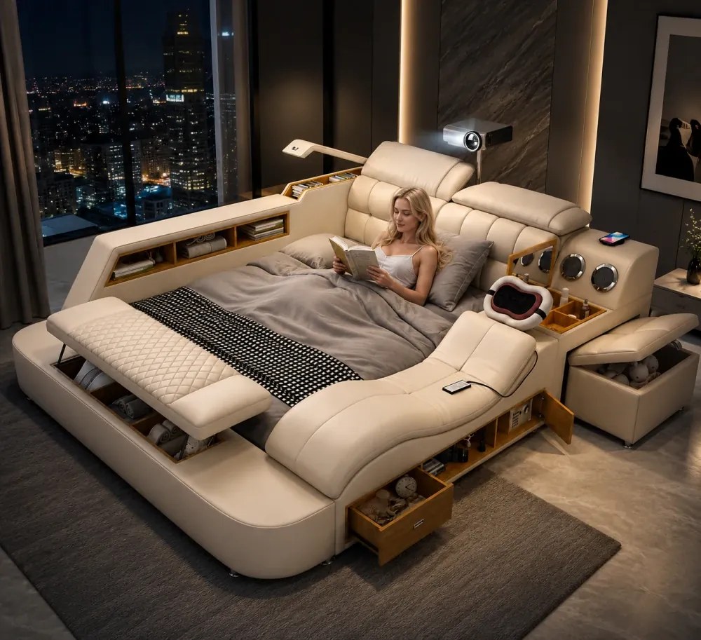 MOBLUX03 Luxury 180x200 cm Beige Left Chaise – Pat Inteligent Premium cu Proiector, Vibromasaj, Boxe Bluetooth, Încărcare Wireless și Spații Multiple de Depozitare