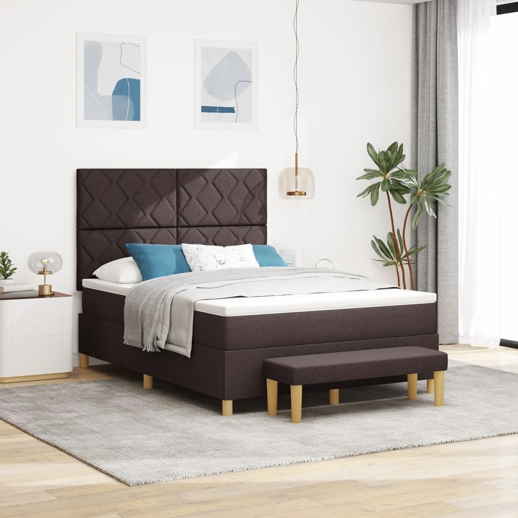 vidaXL Pat cu arcuri , saltea și bancă maro închis 140x190 cm țesătură
